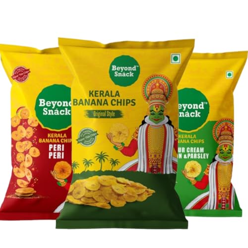 Image of Beyond Snack Nendran Kerala Banana Chips | Combo pack (Original salted, Peri Peri, Sour cream Onion & Parsley)| Thin Crunchy Crispy Snack |300g (100g*3packs)