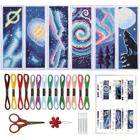 ORIGACH 6 Set Cross Stitch Bookmark Kit for Beginner Starry Sky Pattern DIY Stamped Embroidery Bookmark Kit with 20 Colors Embroidery Floss Instructions 8''x2.4'' Cover