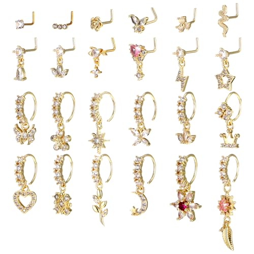 24Pcs Dangle Nose Rings Hoop for Women L Shaped Dangling Nose Stud 20G Dangle Piercing Jewelry