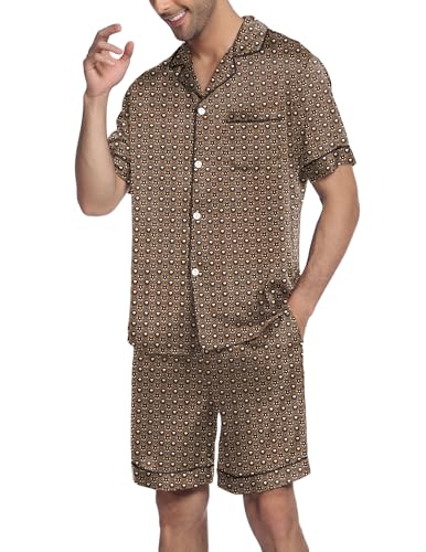 Image of Ekouaer Mens Satin Pajamas Set Button-Down Short Sleeve Shirt Top Soft Silk Sleepwear Shorts with Pockets