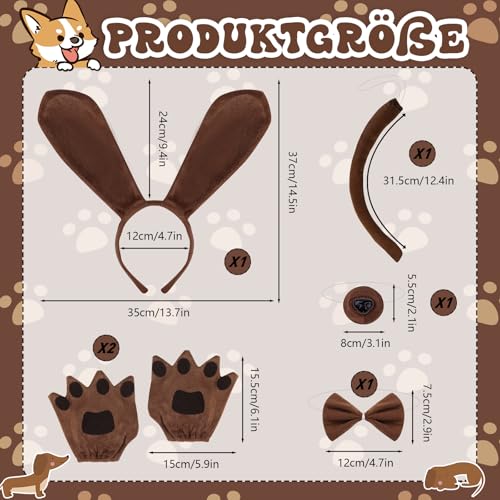 Jokureao 5Stück Welpen-Kostüm-Set, Hund Stirnband Ohren, Fliege, Schwanz, Pfote Handschuhe, Tier Welpen Hund Kostüm Set für Erwachsene Kinder Karneval Welttag des Buches Cosplay Party