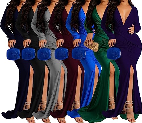 Image of Women's Elegant Formal Mermaid Maxi Dress Off Shoulder Long Sleeve Wedding Split Evening Gown Prom Cocktail Party Dresses