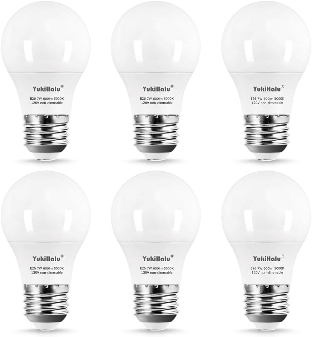YukiHalu A15 LED Light Bulbs, 60W Equivalent, E26 Base, 2700K/3000K/5000K White, 7W 600 Lumens 120V, Ceiling Fan Light Bulbs, Appliance Bulb, Not Dimmable, Pack of 6 (5000K Daylight White)