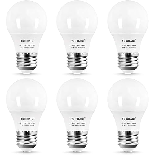 YukiHalu A15 LED Light Bulbs, 60W Equivalent, E26 Base, 2700K/3000K/5000K White, 7W 600 Lumens 120V, Ceiling Fan Light Bulbs, Appliance Bulb, Not Dimmable, Pack of 6 (5000K Daylight White)