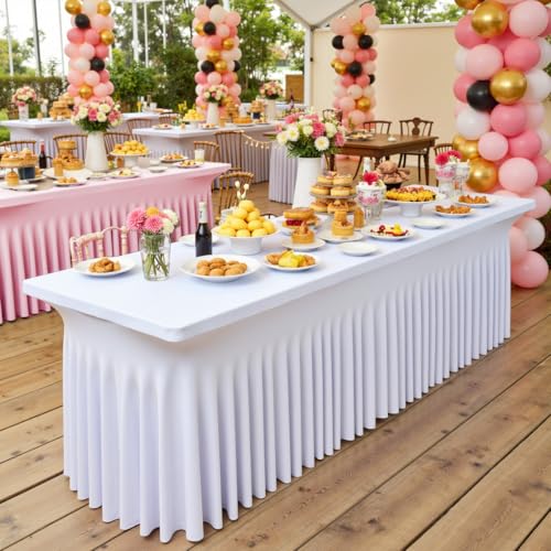 Image of Outpain White Spandex Table Clothes for 6 Foot Rectangle Tables-12Pack 6FT Spandex Fitted Table Cover, Wrinkle Free Tablecloths with Skirt for Parties, Wedding, Birthday, Banquet, Festival