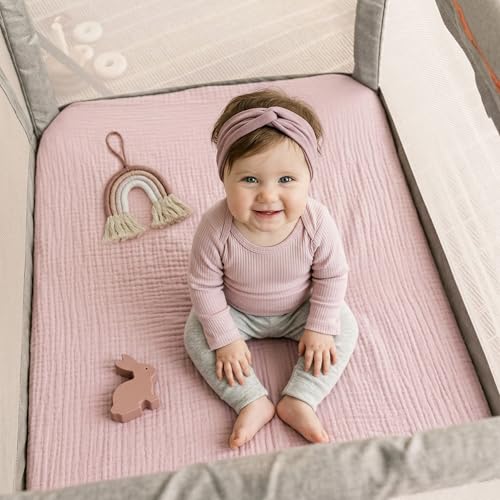 Image of Muslin Pack and Play Sheet, 100% Cotton Playard Sheet (39 inchx27 inch), Breathable & Soft Mattress Pad Cover, Boho Pink for Girls(1 Pack)