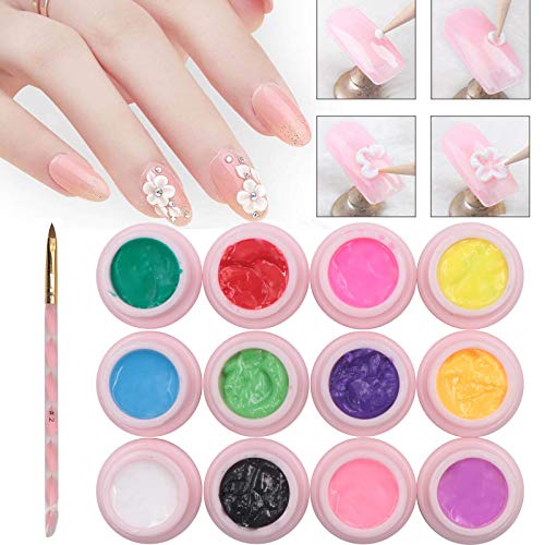Yelna 12 Colors 3D Gel Paint for Nails Art, Sculpture Nail Art Gel Carving Gel Nail Polish Drawing Patterns DIY Flowers Design Decoration Nail Art Kit with 1PCS Acrylic Nail Brush