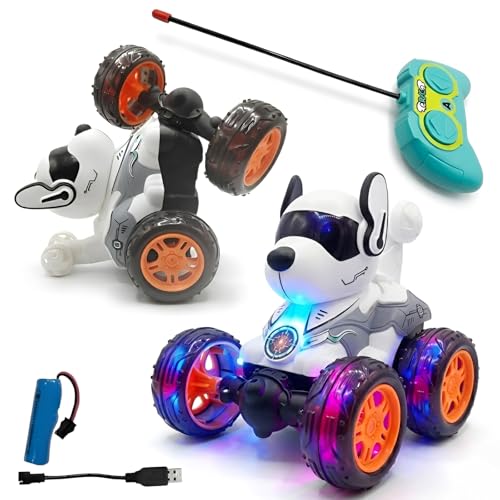Image of Cable World RC Stunt Robot Dog Car, 360 Degree Rotating, Remote Control Musical Dancing Dog with Flashing Lights, Smoke, Sound, Action, Activity Play Center Toy for Kid Early Learning Educational