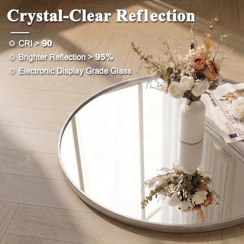 Image of ANDY STAR Circle Mirror, Large Round Brushed Nickel Bathroom Mirror, Silver Round Vanity Mirror, Seamless Thin Metal Frame, 1 inch Deep Wall Mounted, Perfect for Oversized Space