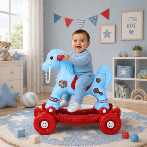 Image of AGHOR II Baby Horse Rocker Ride-On Toy for Kids c, Sky Blue & Red