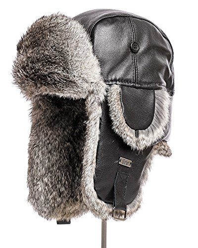 frr Black Leather Rabbit Fur Aviator Hat - XL