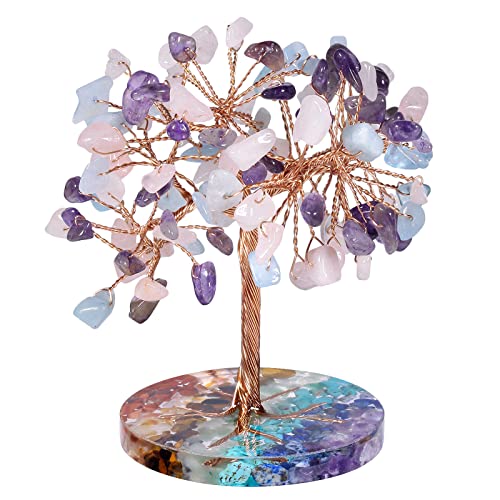 Nupuyai Amethyst & Rose Quartz & Aquamarine Crystal Money Tree with 7 Chakra Base