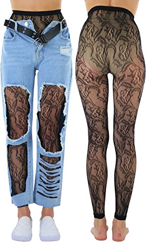 Image of ToBeInStyle Women's Single Floral Lace Fishnet Tights Footless & Stirrup Design