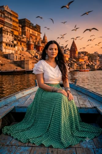 Image of Women's Lycra Top with Georgette Skirt | Polka Dot Print Long Flared Maxi | Full Length Flowy Skirt for Women | Stylish Casual Wear