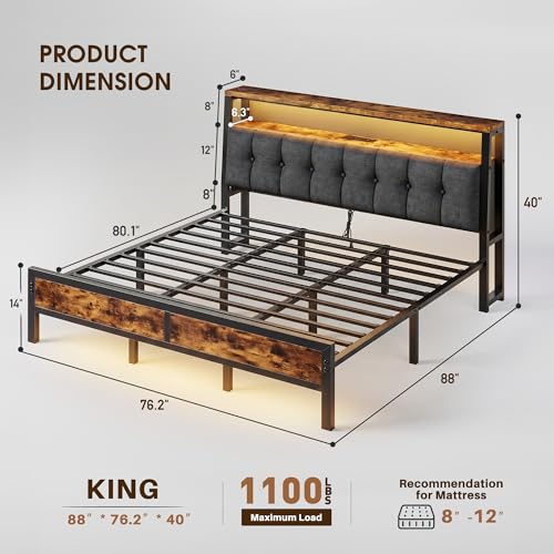 Image of Homkdom King Bed Frame,Upholstered Storage Headboard,Charging Station,Brown | LED Linghts, 12 inch Under-Bed Storage,2AC Outlets&1USB-C&1USB-A,Noise-Free,Quick Assembly,Supports up to 1100 lbs