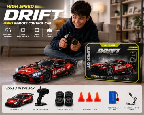 Image of Nextronix 40 km /h High-Speed 1:16 Scale 4WD RC Drift Car | 2.4GHz Remote Control Racing Car with LED Lights & Rechargeable Battery | Red Edition