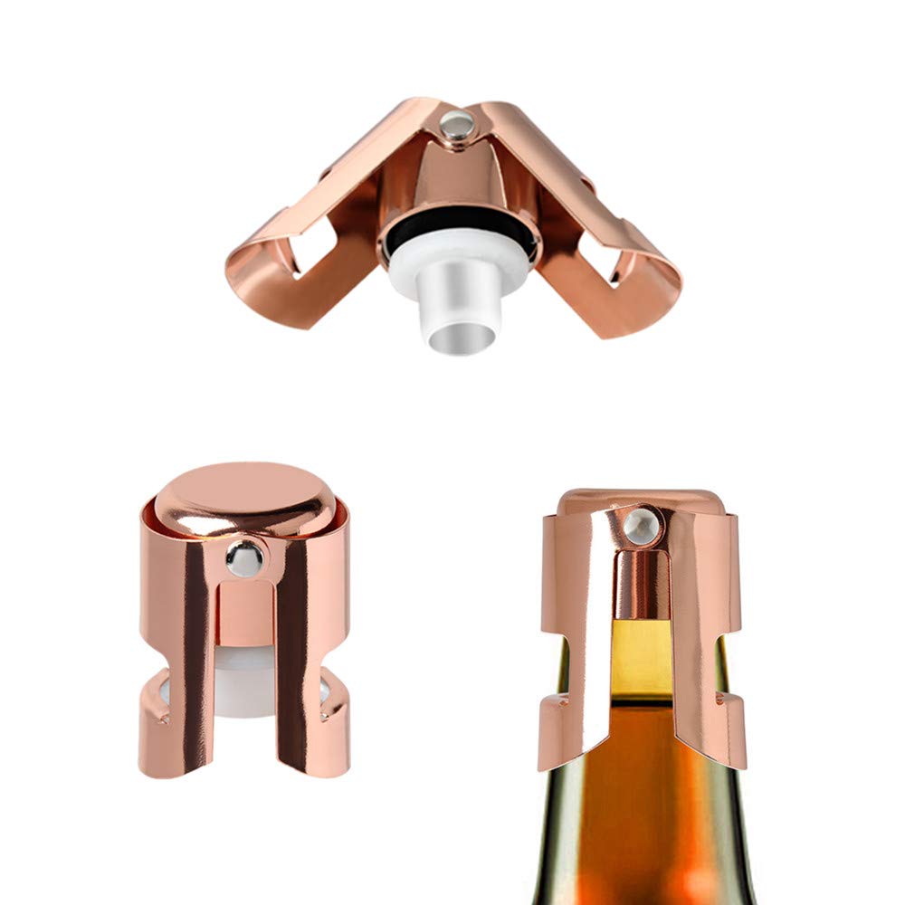 Reusable Champagne Stopper Sealer, 3 Pack Stainless Steel Bottle corks for Champagne, Cava, Prosecco and Sparkling Wine, Air-tight and Leak-proof Stoppers Saver (Rose Gold)