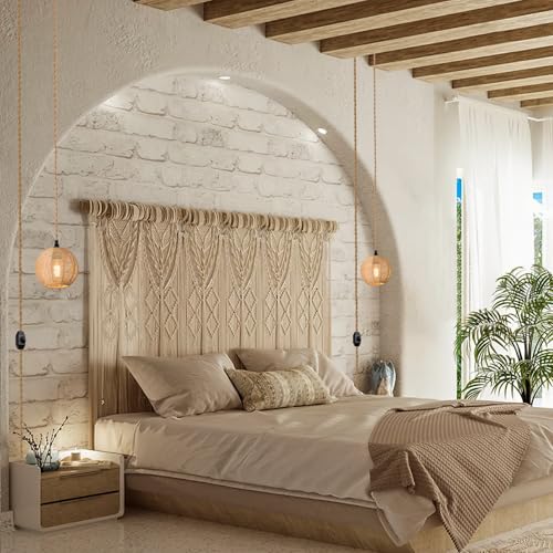Image of 15ft Plug in Pendant Light with Cord Dimmable Switch | Rattan Hanging Lamp with Hand Woven Wicker Plug in Chandelier Boho Hanging Lights Fixture for Bedroom kitchen Hallway Foyer