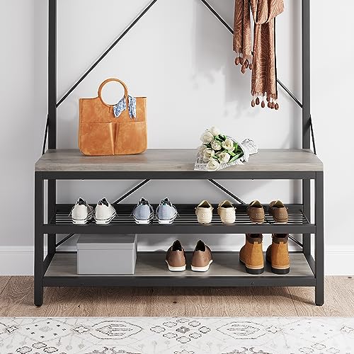 IDEALHOUSE Coat Rack Shoe Bench Industrial Hall Tree Storage Bench for Entryway Wood Look Accent Large Shoe Rack with Storage Shelf Hanging Bar, 8 Hooks Grey 39.9"x15.7"x72"