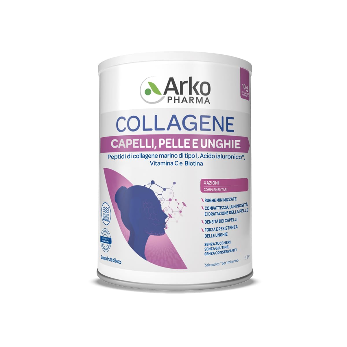 Arkopharma Collagene Capelli, Pelle e Unghie | Integratore Alimentare in Polvere, Collagene Marino con Acido Ialuronico, Vitamina C e Biotina - 1 Confezione da 260g