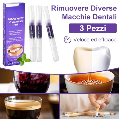 Penne Sbiancante Denti, Gel Sbiancamento Per Dentale, Kit Sbianca Denti, Siero Sbiancante Dentale Professionale, Immediato Rimuove Macchie Di Caffè Efficacemente, Rapido Sbiancamento, Viola 3 Pezzi - 7