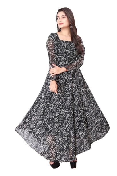 texvios Women's Black Georgette Anarkali Gown, Warli Print, Square Neck, Full Sleeves, Flared Maxi Dress-picture-17