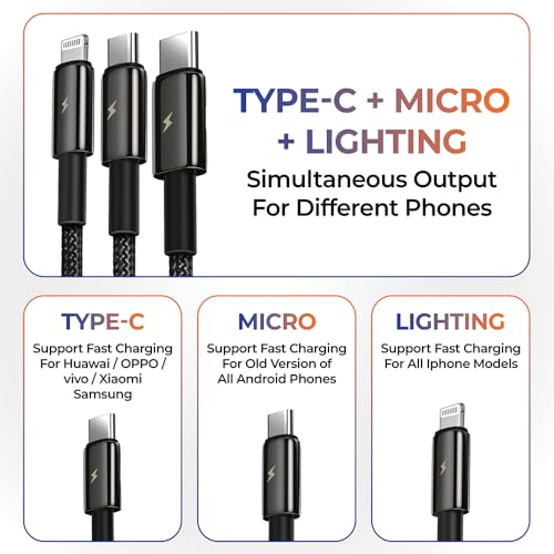 Image of myTVS 38W Fast Car Charger with Dual Output (Type C PD 20W & USB Qualcomm 3.0) with 3-in-1 Charging Cable, Quick Charge, Short-Circuit Protection, LED, Compatible with iPhone, Android, Tablet