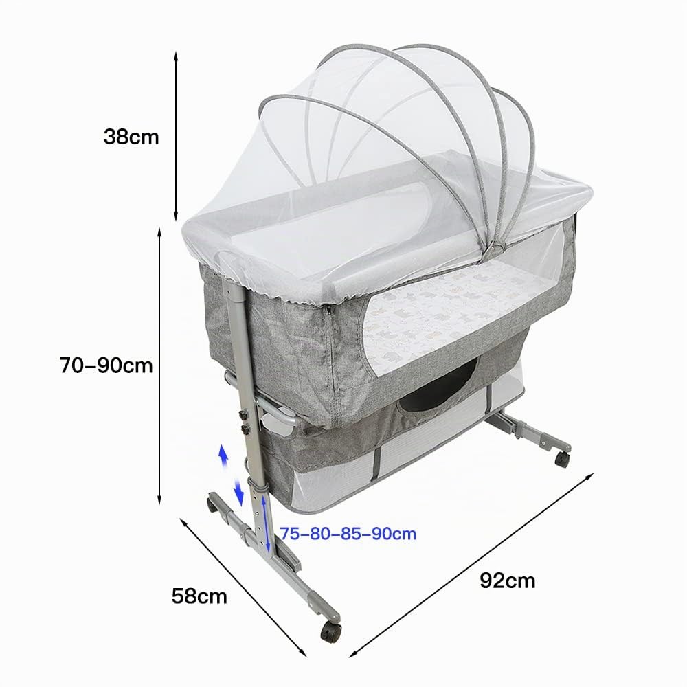 3 in 1 Berceau Cododo avec Matelas et Moustiquaire, Hauteur en Réglable 71 à 88 cm, Lit Mobile pour Bébés de 1 à 36 Mois, Pour Chambre, Charge Jusqu'à 60 kg, 93×57×(71-88) cm (Gris)