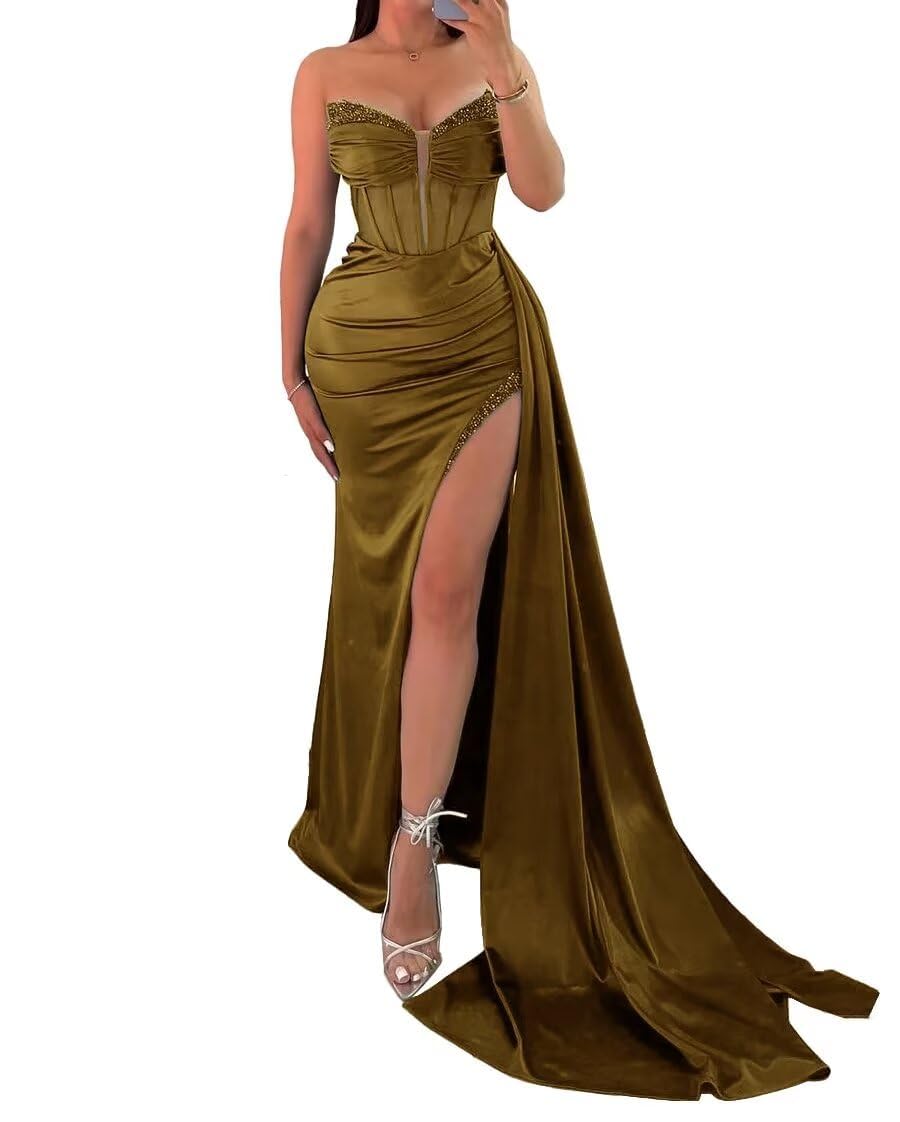 Mermaid Satin Prom Dresses 2024 Strapless Sequin Formal Dresses for Women Tulle Beaded Evening Gown with Slit