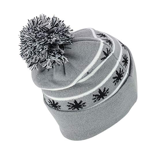 Marijuana Leafs Pom Pom Acrylic Beanie Hat - Grey Black - Thumbnail 3