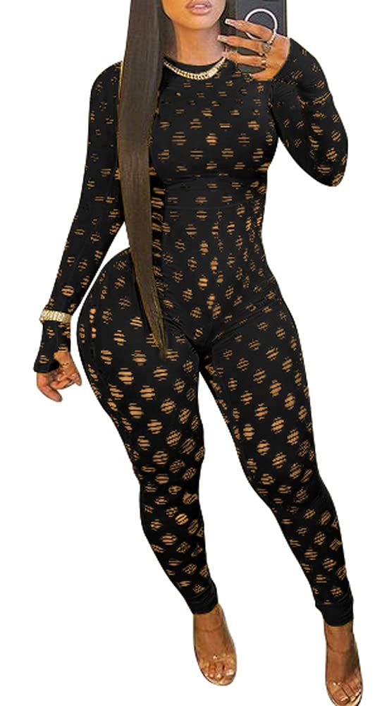 Oluolin Sexy Bodycon Jumpsuits See Through Mesh Lace Hollow Out