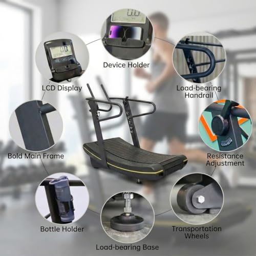 Image of Curved Self-Driven Cardio Treadmill with LCD Screen, 8-Level Resistance Treadmill with No Electricity, Handrail Supported Indoor Training Equipment