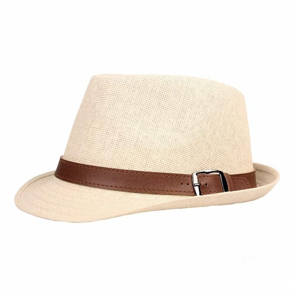 Fedora Hat Short Brim Trilby Hat Classic Panama Straw Hat Summer Beach Sun Hat for Men Women Beige