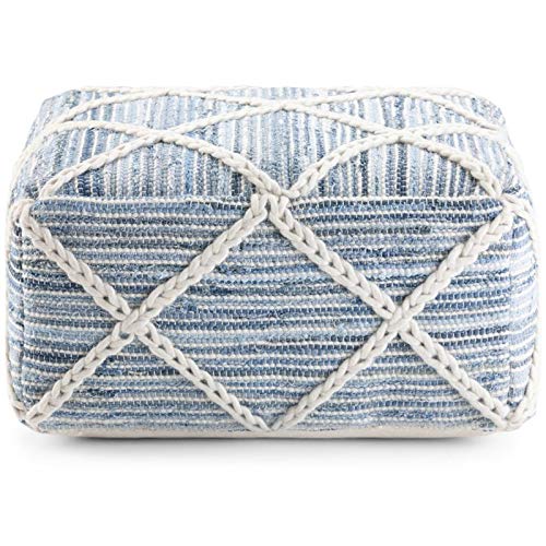 Trent Home Boho Square Pouf in Blue and Natural Handloom Woven