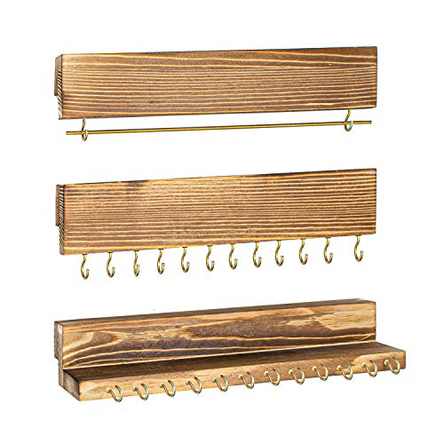 Cedilis Set of 3 Wall Mounted Jewelry Organizer, Large Wood Necklace Holder with Removable Bracelet Rod and 24 Jewelry Hooks, Great Wall Hanging Holder for Rings, Earrings, Brownï¼ˆNo Need to Assembleï¼‰
