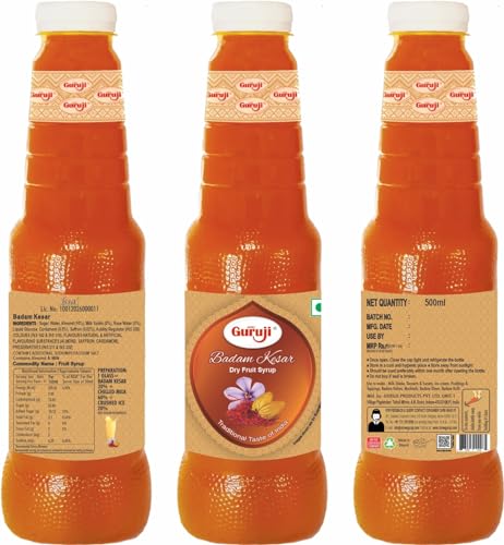 Image of Shree Guruji Badam Kesar Sharbat 1 Litre Milk Beverage Summer Drink Dry Fruit Syrup Instant Thandai Mix Badam Kesar Drink Cooling Sharbat for Milk Falooda Desserts Smoothies Mocktails