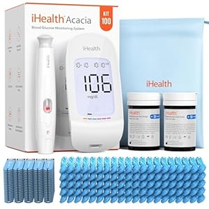 iHealth Acacia Blood Glucose Monitor Kit, 100 Glucometer Strips, 100 Lancets, 1 Blood Sugar Monitor, 1 Lancing Device, 1 Travel Bag, No Coding, Portable Blood Sugar Testing Kit, Diabetes Testing