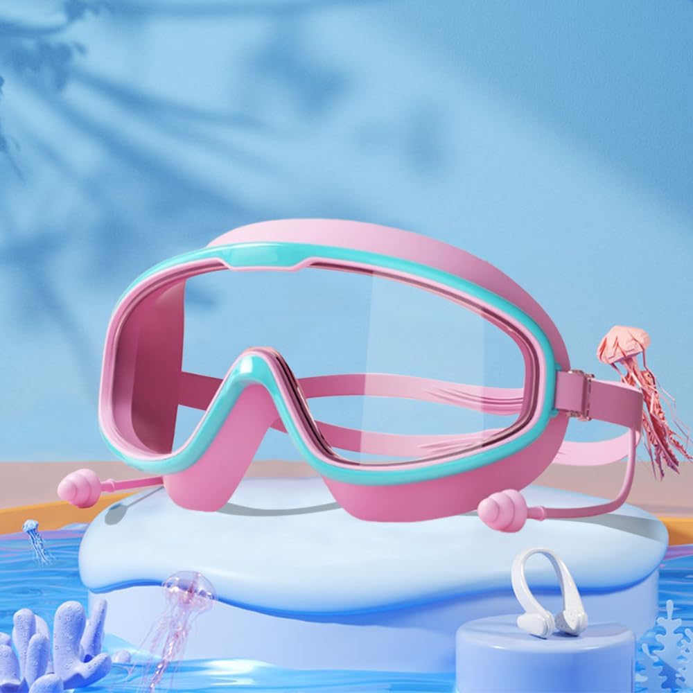 Secuinu HD Large Frame Waterproof Anti-Fog Swimming Goggles for Kids Ages 3-14 Comfortable and Durable Kids' Swim Goggles (Blue Pink)