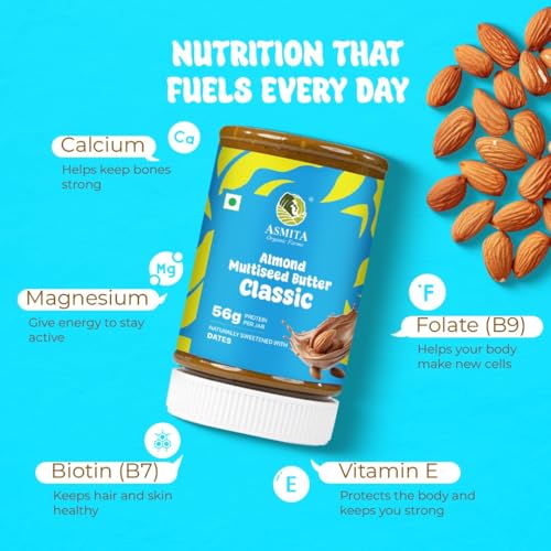 Image of Asmita Organic Farms Classic Creamy Almond Butter 250g | High Protein Spread | Made with 4 Super Multi-Seeds & Premium Almonds | Zero Palm Oil & Gluten-Free | Great for Spreads, Smoothies, Baking