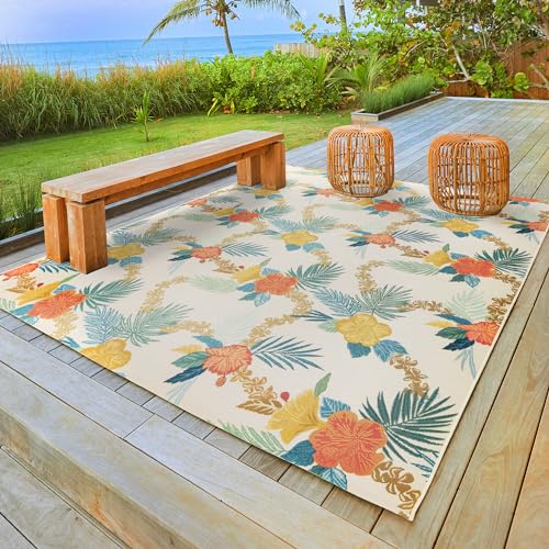 Gertmenian Reyn Spooner Kona Coast Fresco Hawaiian Tropical Rugs - 5x7 Standard, Washable, Stain & UV Resistant Indoor Outdoor Area Rug - Green Ivory Orange Yellow, Laka, 46764