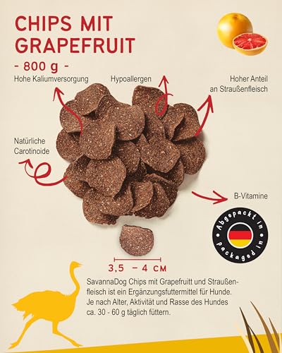 SavannaDog Chips mit Grapefruit 800g - Hunde Leckerlis getreidefrei & hypoallergen,Leckereien für Hunde mit Straußenfleisch, Hundeleckerli mit wertvollen Ballaststoffen