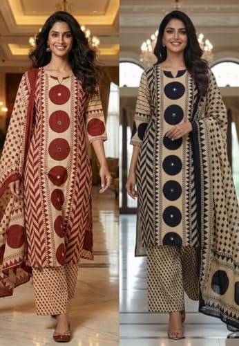 Image of krisjan|Women's Pure Cotton Printed with Handwork Kurta with Pants and Dupatta Set | Ethnic Set | Suit Set | Kurta Set |