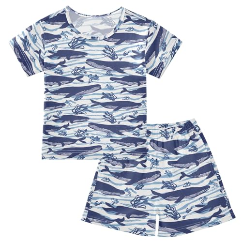 Blue Swimming Whale Pattern Summer Cute Pajama Sets, Short Sets for Daily Wears and Sleep Wears