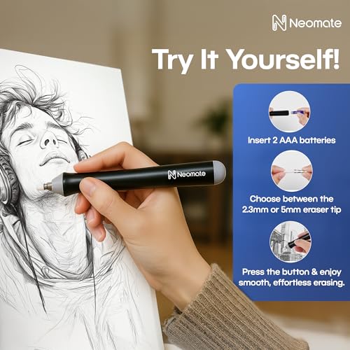 Image of Neomate Slim Battery-Operated Automatic Eraser | Includes 22 Refills and 2 Eraser Holders | Portable Electric Eraser for Precision Drawing & Sketching (Batteries Not Included)