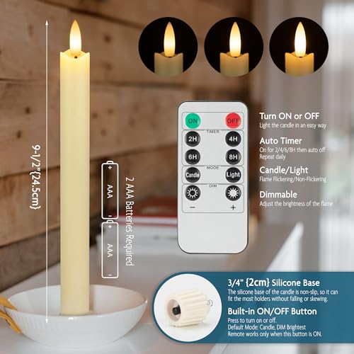 SEHNSY Flameless Taper Candles with Remote, Real Wax Battery Operated LED Candles Set with 3D Flickering Flame, 9.6