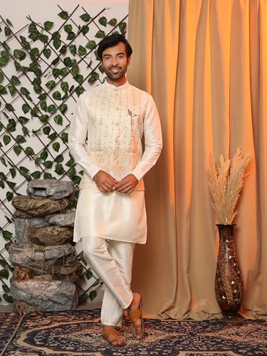 Mens Heavy Cotton Silk Sequence Kurta Trouser Set With Waistcoat (Nehru Jacket) (C-124)2