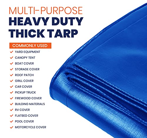Image of Extra Heavy Duty 14 Mil Tarp Cover, Waterproof, UV Resistant, Rip and Tear Proof, Poly Tarpaulin with Reinforced Edges for Roof, Camping, Patio, Pool, Boat (Blue 24′ X 50′)