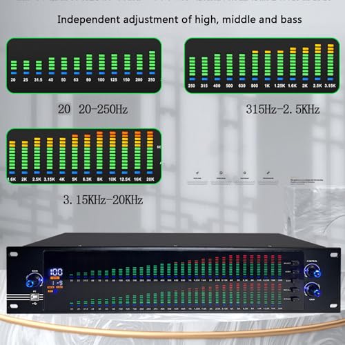 Ecualizador gráfico de 31 bandas, ecualizador digital de audio, ajuste estéreo de agudos, medios y graves, con luz LED de espectro y 10 efectos preestablecidos, para estudio de grabación miniatura 2