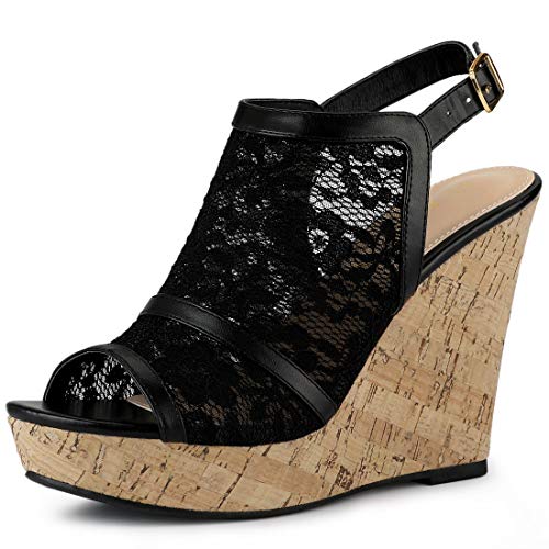 Allegra K Women's Open Toe Platform Heel Lace Wedges Black Sandals - 9 M US