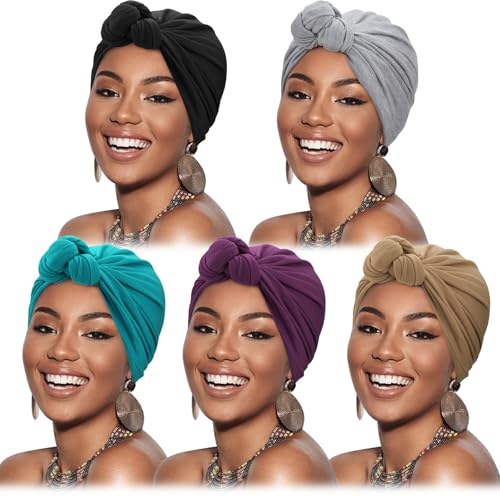 Image of DRESHOW 5 Pack Knotted Headwraps for Women African Turban Pre-Knotted Beanie Headwraps Hair Covers